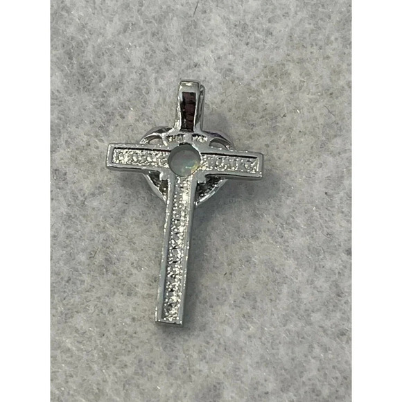 CROSS W/ HEART NECKLACE PENDANT W/ DIAMOND ACCENT/ OPAL/925 STERLING SILVER - Picture 2 of 3